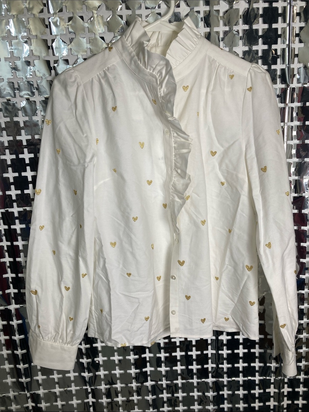 Sezane White Button-Down Blouse with Gold Heart Motif